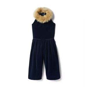 Janie and Jack Velvet Faux Fur Collar Jumpsuit girl’s size 7 Navy Blue